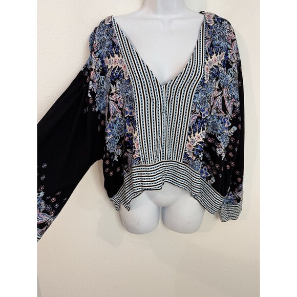 FREE PEOPLE Blouse Mix N Match Kimono Sleeve Floral Boho Top Oversized L V Neck - Picture 1 of 7